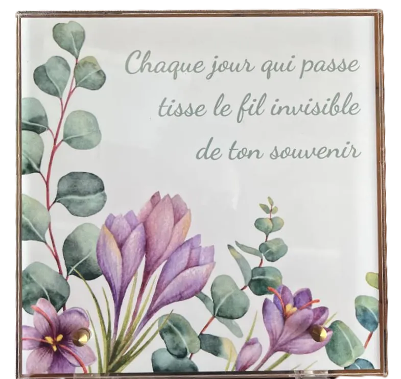 Plaque funéraire carrée illustrée de crocus violets et d'eucalyptus avec message du souvenir